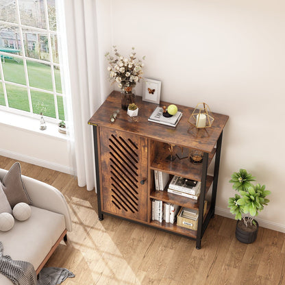 Floor Cabinet with 3 Open Shelves and Door Retro Storage Cabinet