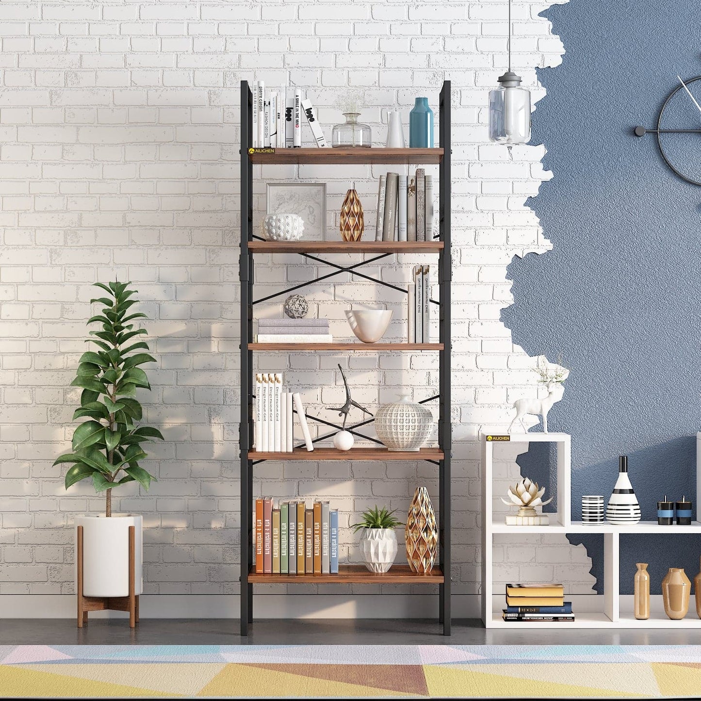 5-Tier Industrial Wooden Bookcase Display Rack with Metal Frame