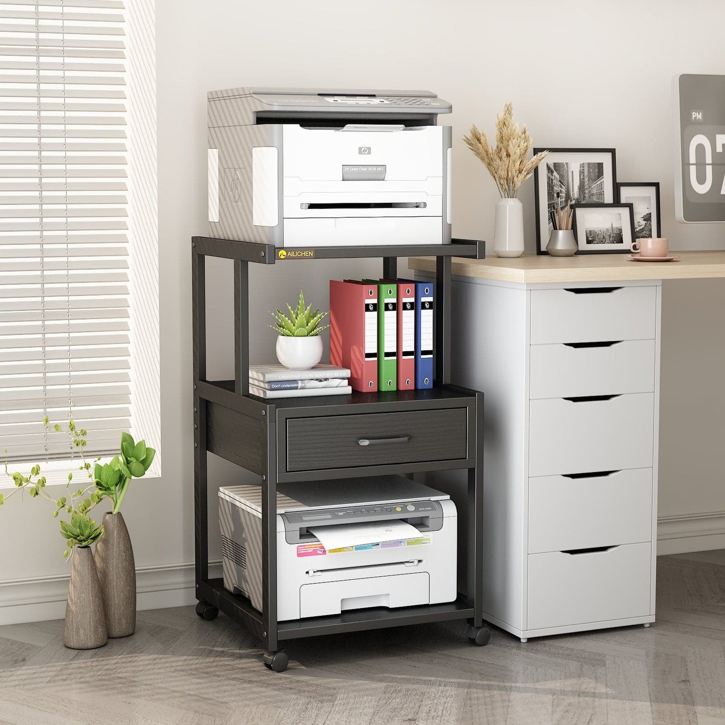 Mobile Printer Stand Filing Cabinet with Storage Shelves