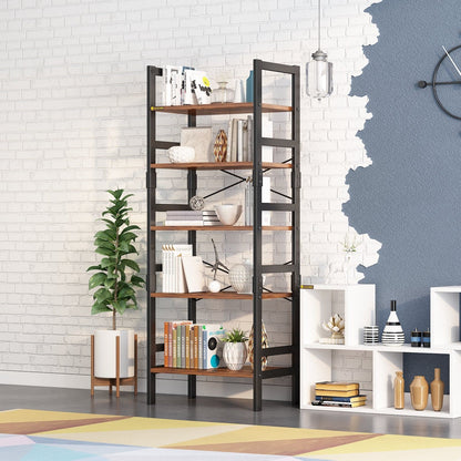 5-Tier Industrial Wooden Bookcase Display Rack with Metal Frame